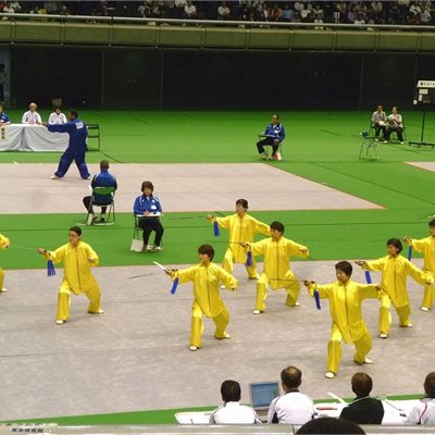 大会の花「集団」の部 和歌山県代表チームの皆さんです。 黄色い蝶が舞い飛ぶような美しい太極剣の演武です! 7位おめでとうございます!