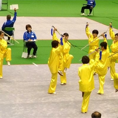 大会の花「集団」の部 和歌山県代表チームの皆さんです。 黄色い蝶が舞い飛ぶような美しい太極剣の演武です! 7位おめでとうございます!
