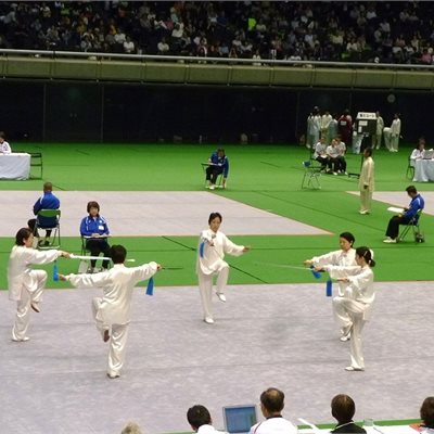 群馬県代表チームの「自選太極剣」です。 白の表演服にブルーの総が美しいです。 白の地色にグレーの上品な色合いの雲形のデザインです。